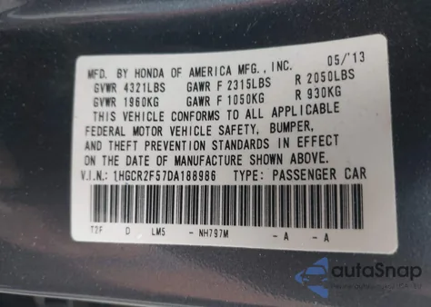 2013 Honda Accord Sport z USA, uszkodzony, nr VIN 1HGCR2F57DA188986